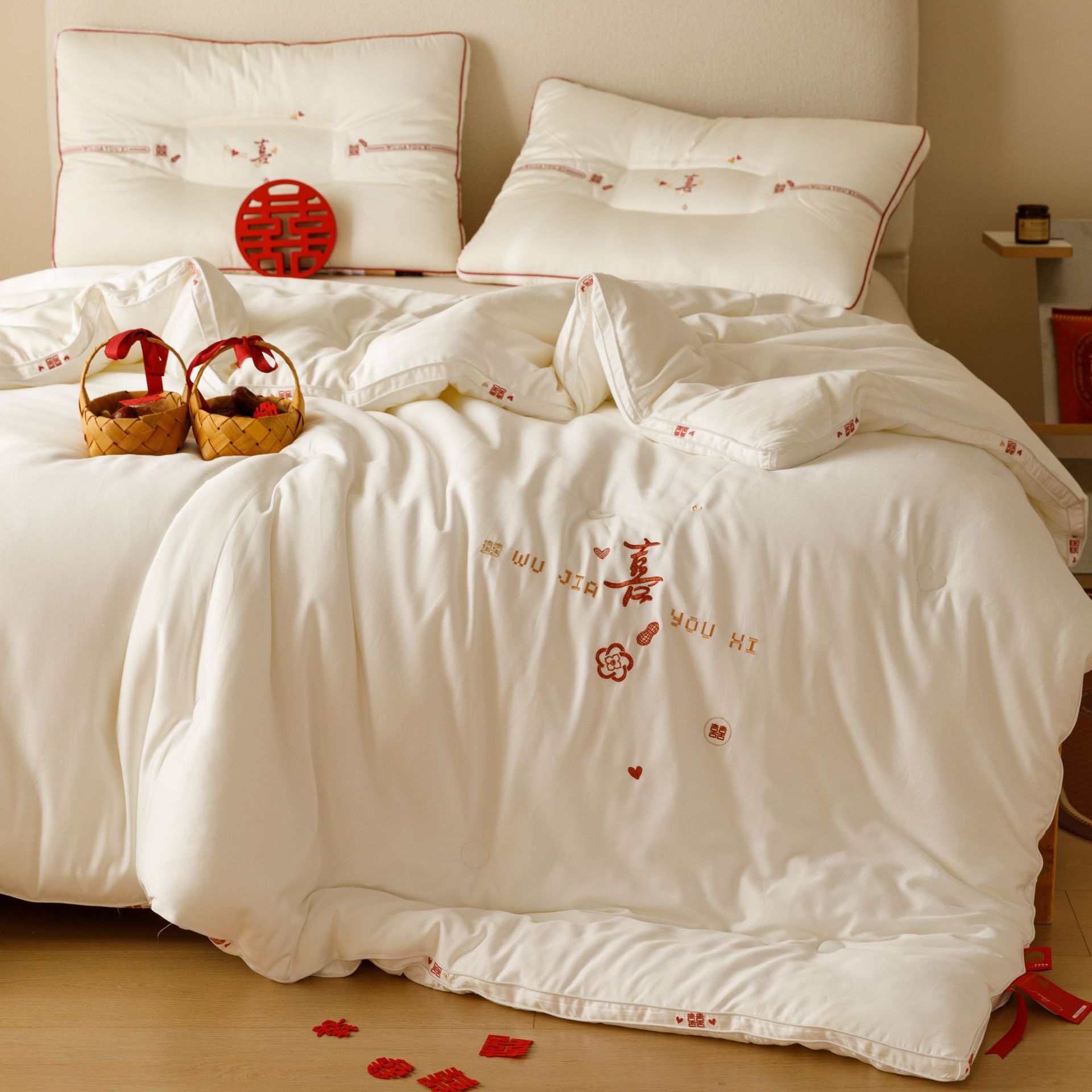 高端喜被结婚被子全棉刺绣冬被大豆被保暖婚庆双人结婚床上用品