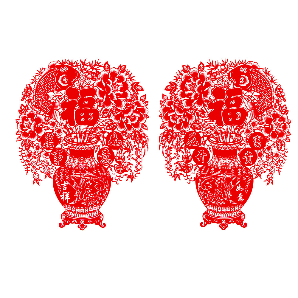2022新年虎窗花贴静电贴剪纸植绒花瓶贴纸玻璃贴春节装饰摇钱树