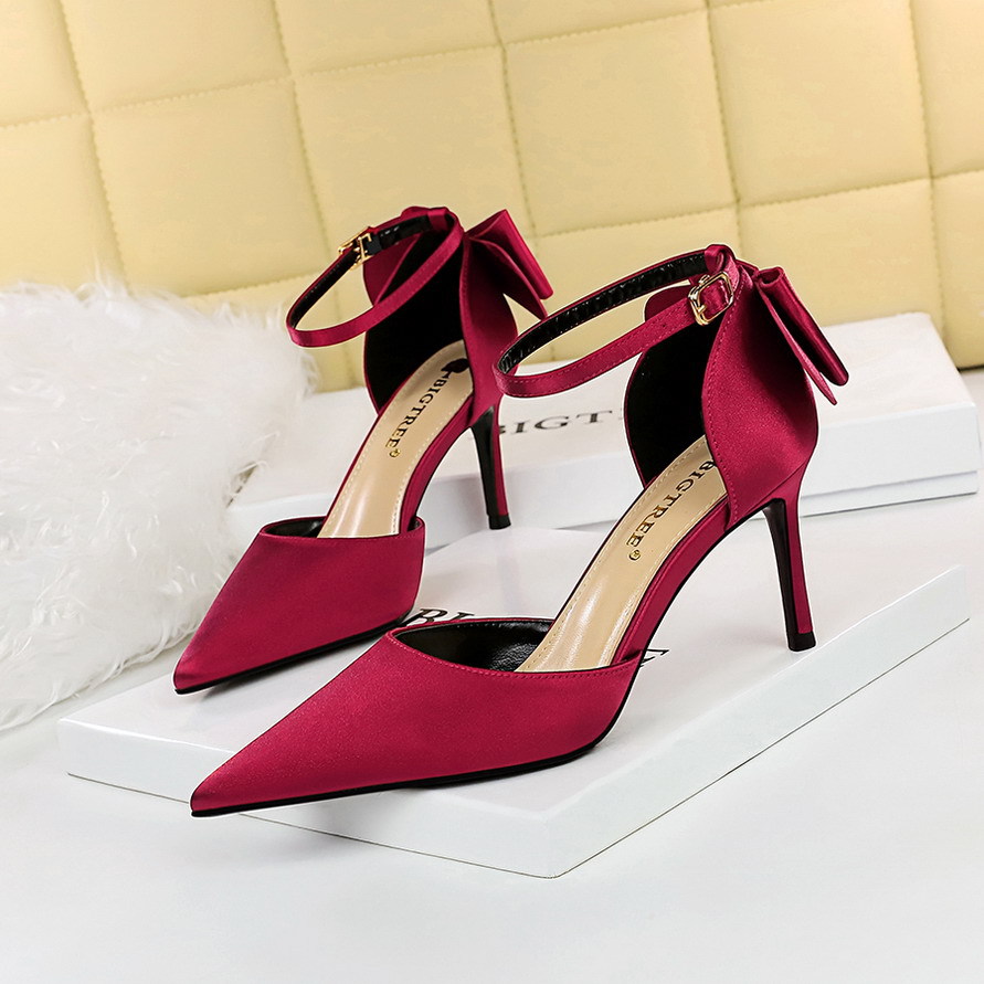 5196-1 Korean Style Sweet Women's Shoes Stiletto Heel Shallow Mouth Pointed Toe Satin Hollow Back Bow Strap Sandals