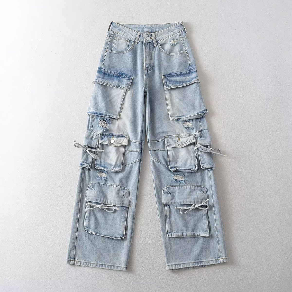 American Heavy Industry Multi-Pocket Jeans for Women 2023 Autumn New Hot Girl Washed Overalls Loose Straight Trousers