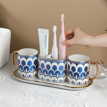 0b32批发刷牙杯陶瓷洗漱四件套家用情侣轻奢牙刷漱口杯套装托盘卫