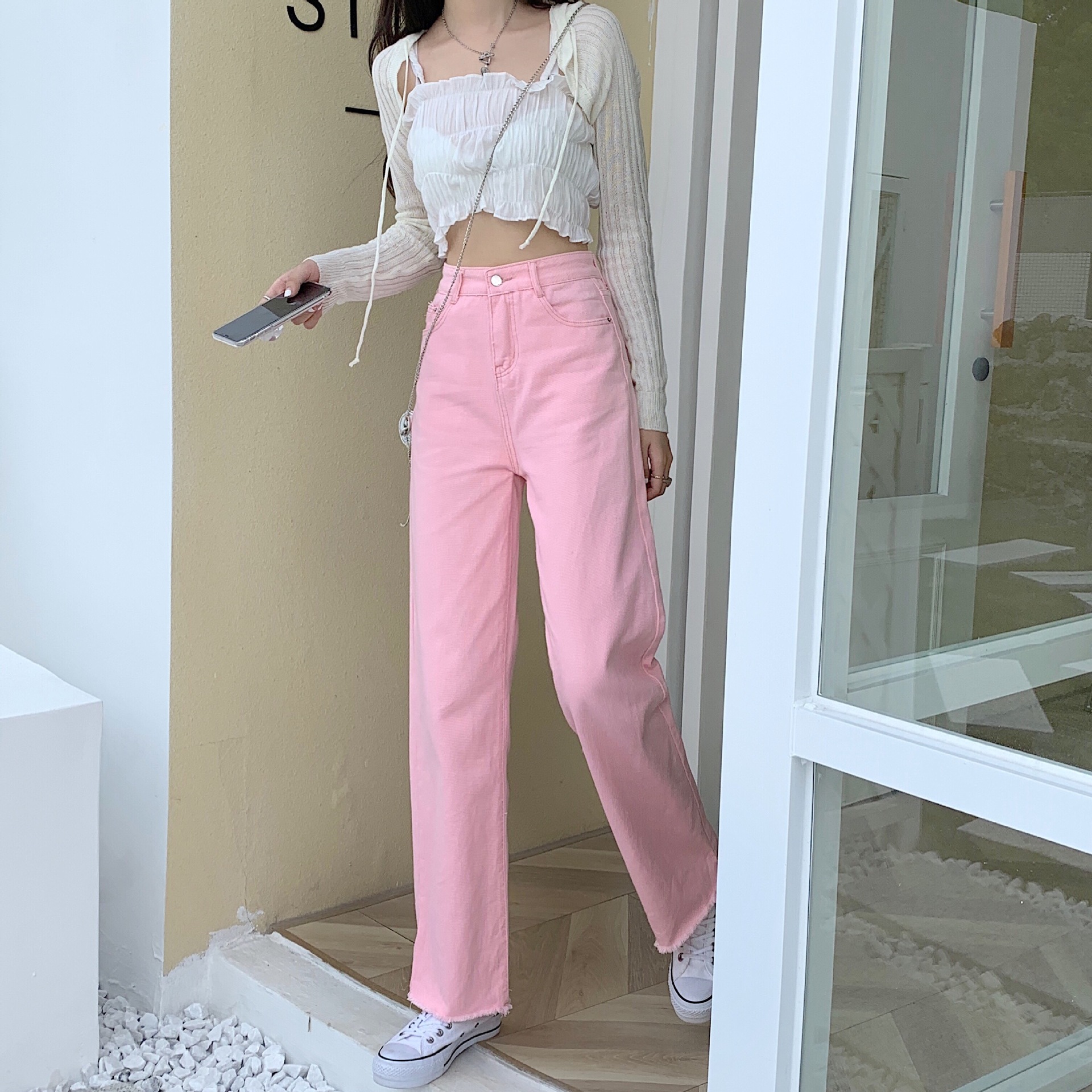 实拍新款女装软妹刺绣粉色阔腿牛仔裤高腰显瘦直筒长裤毛边