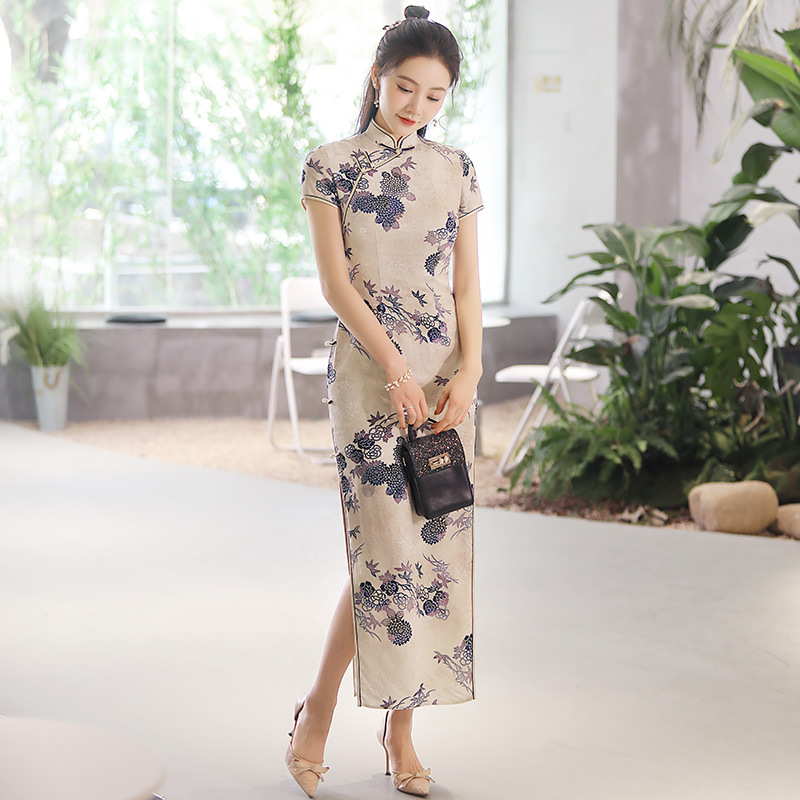 秀观唐芊串2024夏季新款提花复古长款女大气国风新中式旗袍礼服裙