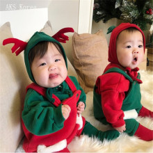 韩版宝宝爬服婴儿加绒背带裤圣诞新年衣服红色绿色毛绒兜兜连身衣