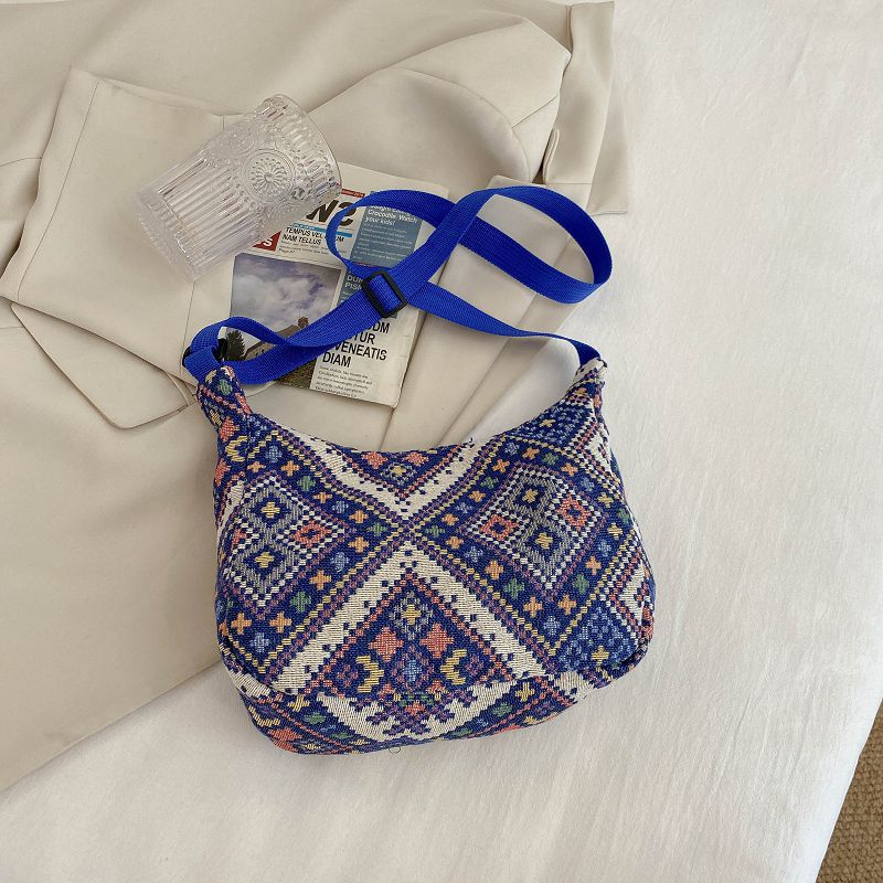 Ethnic Style Bags Women's 2022 Summer New Canvas Plaid Woven Flower Shoulder Bag Retro Casual Contrast Color Messenger Bag