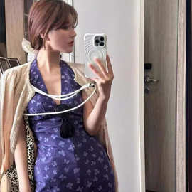 RE家连衣裙美式春夏新款挂脖V领露背人丝双邹印花裙法式连衣裙女