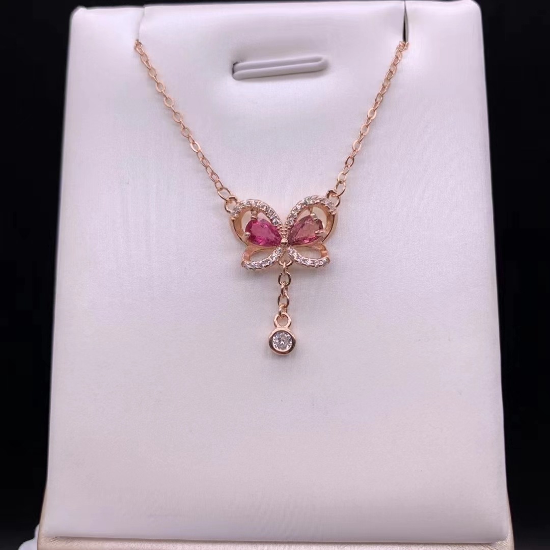 晖源珠宝 碧玺蝴蝶结s925银镶嵌碧玺锁骨链气质甜美饰品工厂批发