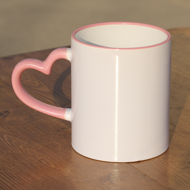 Heart-Shaped Handle Double Color Coated Cup Sublimation Color Mouth Color Handle Ceramic Mug Blank Thermal Transfer Supplies Wholesale