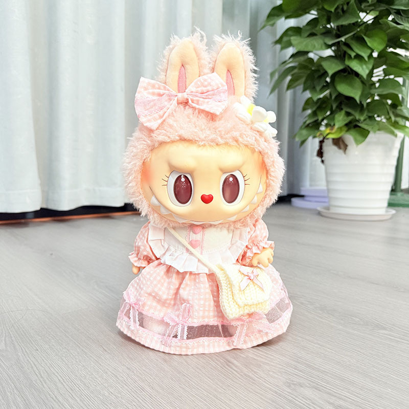 38拉布布搪胶毛绒娃娃衣服公仔衣服裙爱心格子裙女