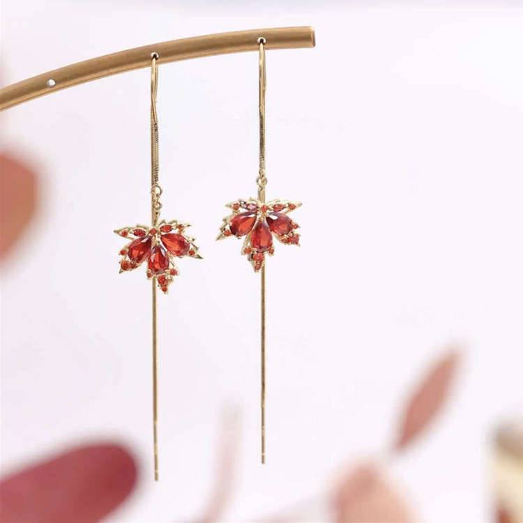 Live Temperament Entry Lux Red Crystal Maple Leaf Hanging Earrings Niche Design Full Diamond Face Slimming Earrings Wholesale