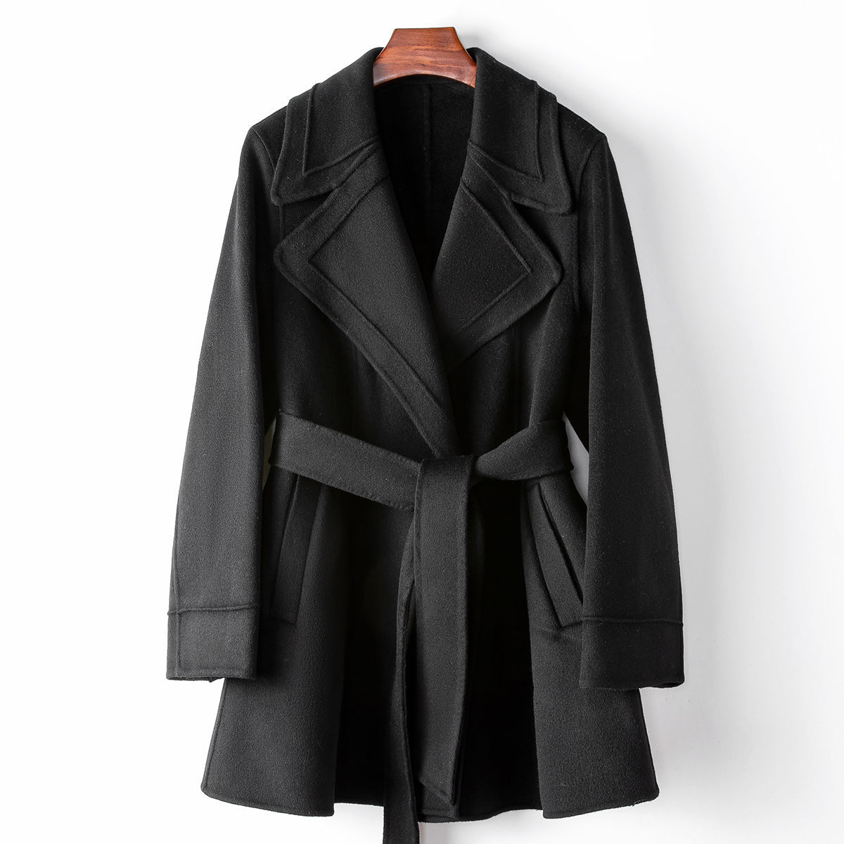 少量服饰100澳洲羊毛双面毛呢外套女式休闲西装领中长款呢子大衣