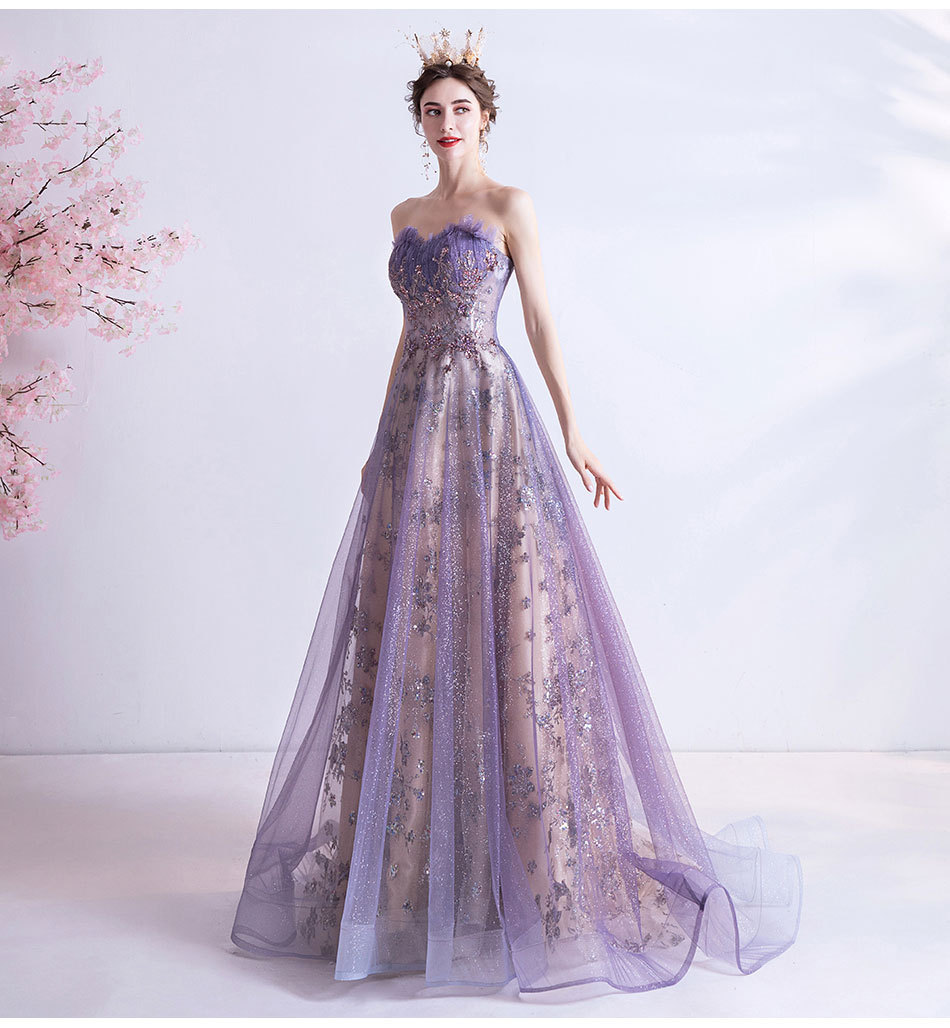 年会晚礼服2022春新款性感抹胸紫色亮片星空裙婚礼新娘艺考演出服