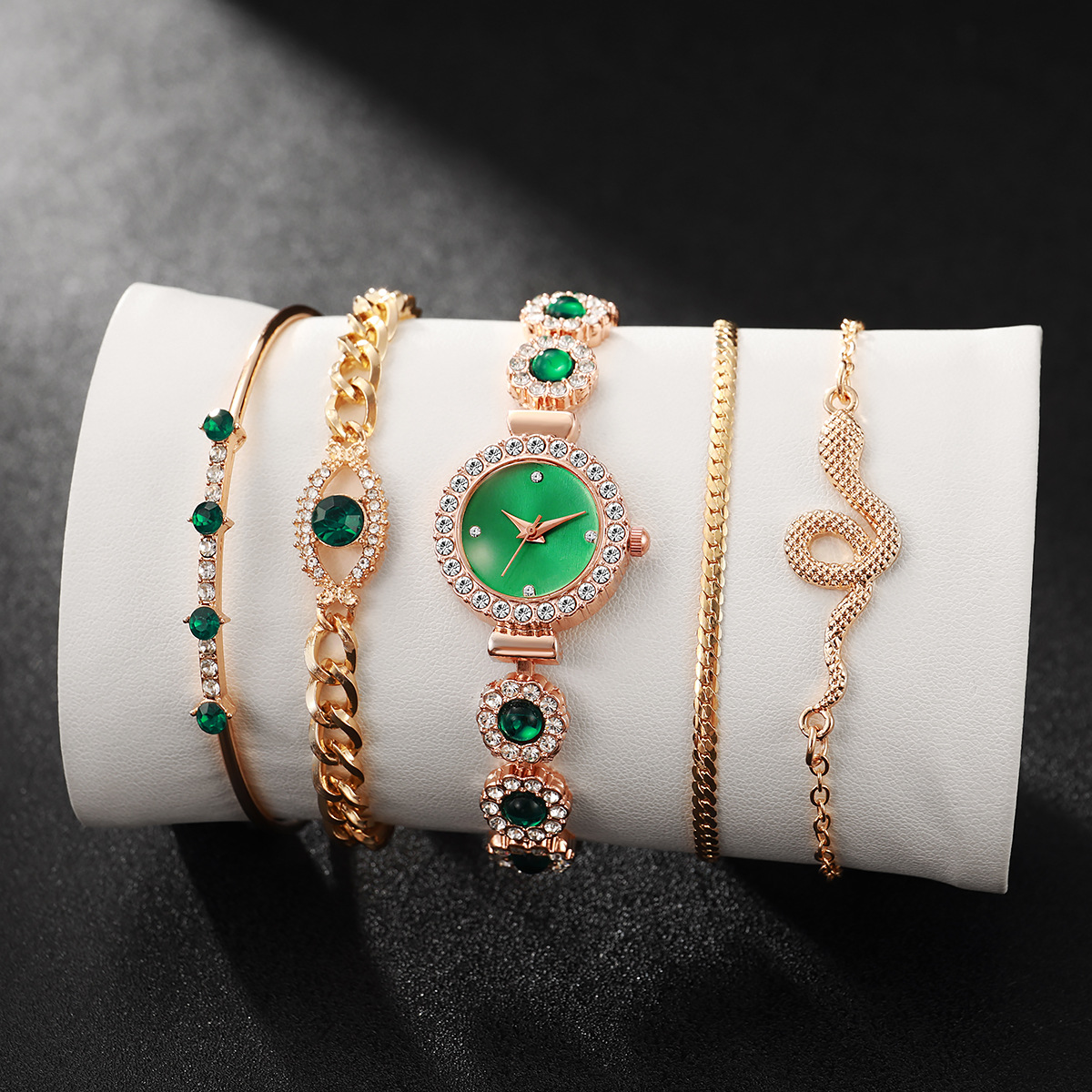 5pcs/set女款祖母绿水钻钢带手链表复古镶钻眼睛蛇形缠绕手链套装