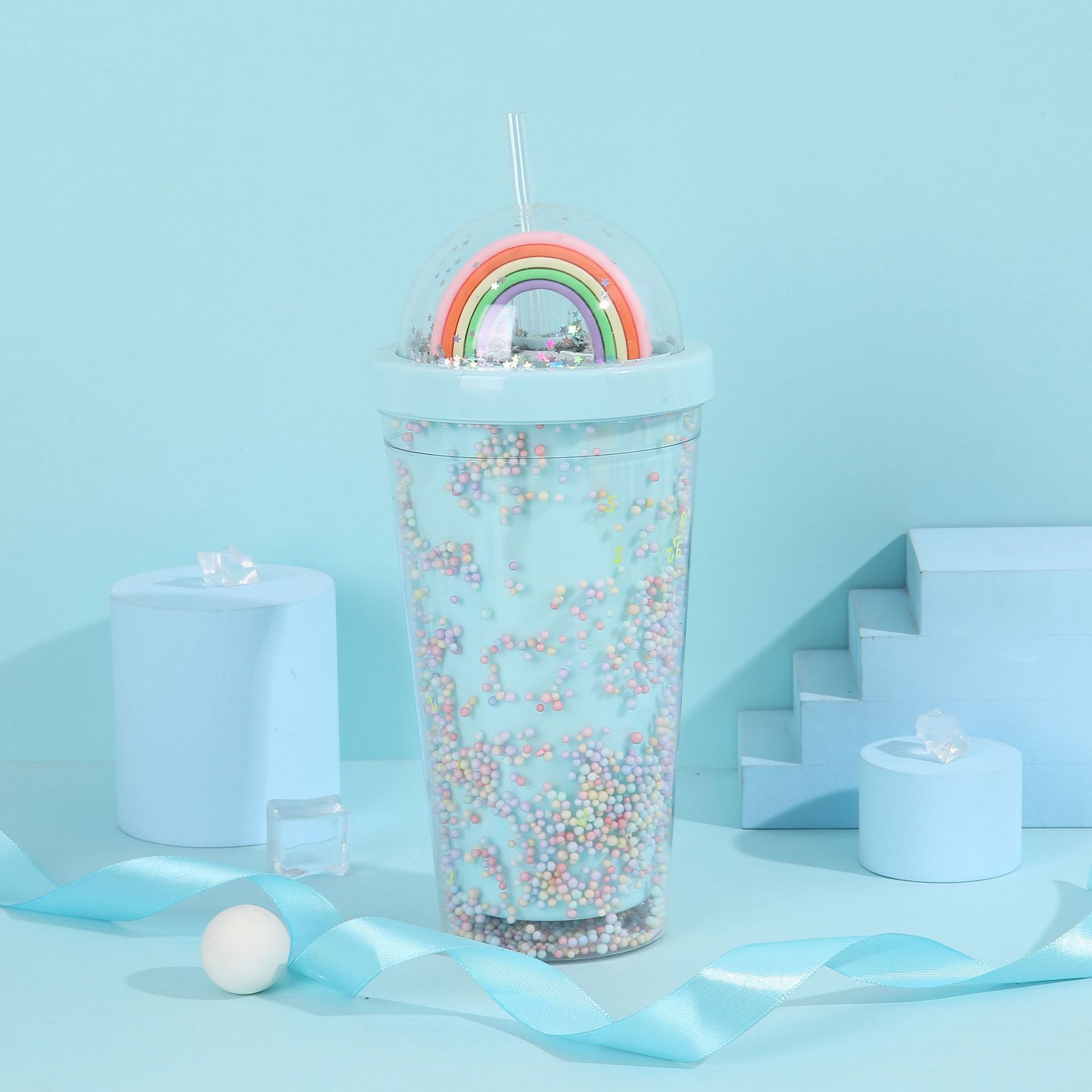 Online Red High-Looking Creative Rainbow Cup with Straw Student Foam Colorful Plastic Cup Outdoor Portable and Cute Water Cup