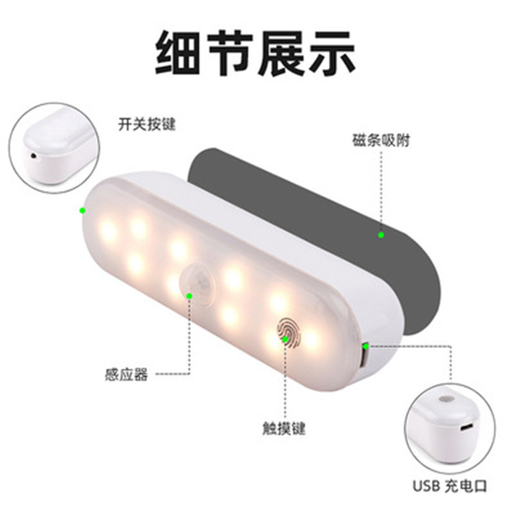 Smart Charging LED Body Infrared Sense Light USB Dormitory Lamp Cabinet Light Wardrobe Light Furniture Bedroom Small Night Lamp
