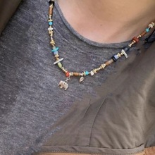 天然混石小象项链彩色串珠项链S925银大象锁骨链男女个性民族设计