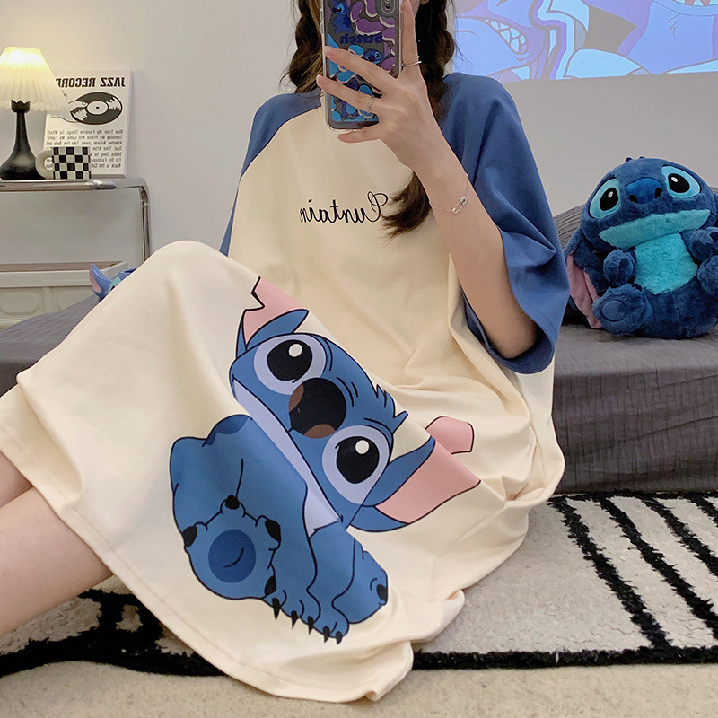 2023 New Pajamas Women's Summer Short-Sleeved Dress Cotton Sweet Girl Mid-Length Nightdress Cartoon Home Wear