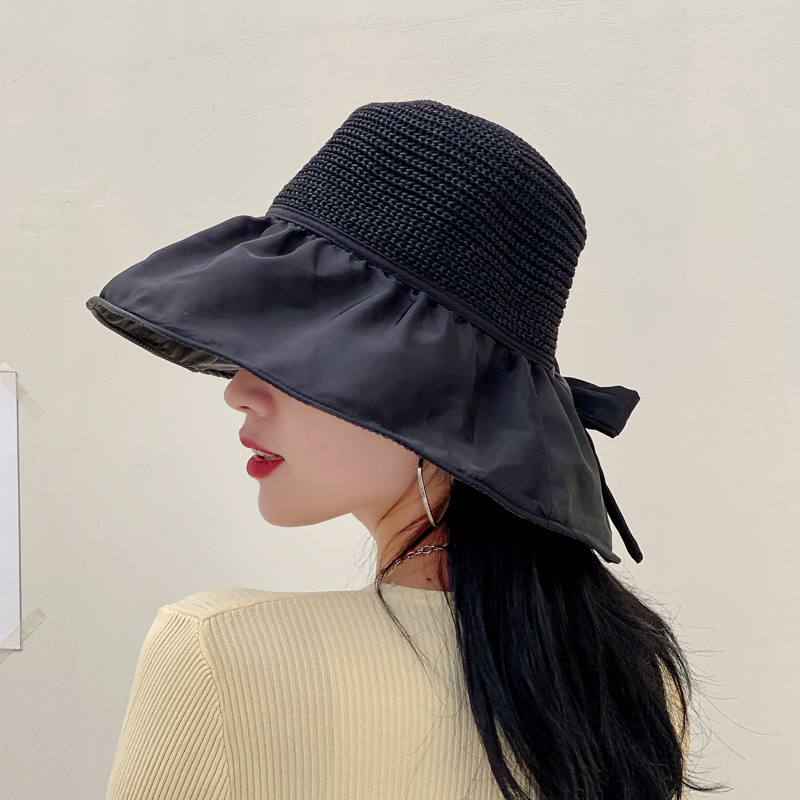 Sun Hat Female Summer Vinyl Bucket Hat Hollow-out Straw Hat Sun Protection Leisure Big Brim Face-Covering Sun Beach Hat Children