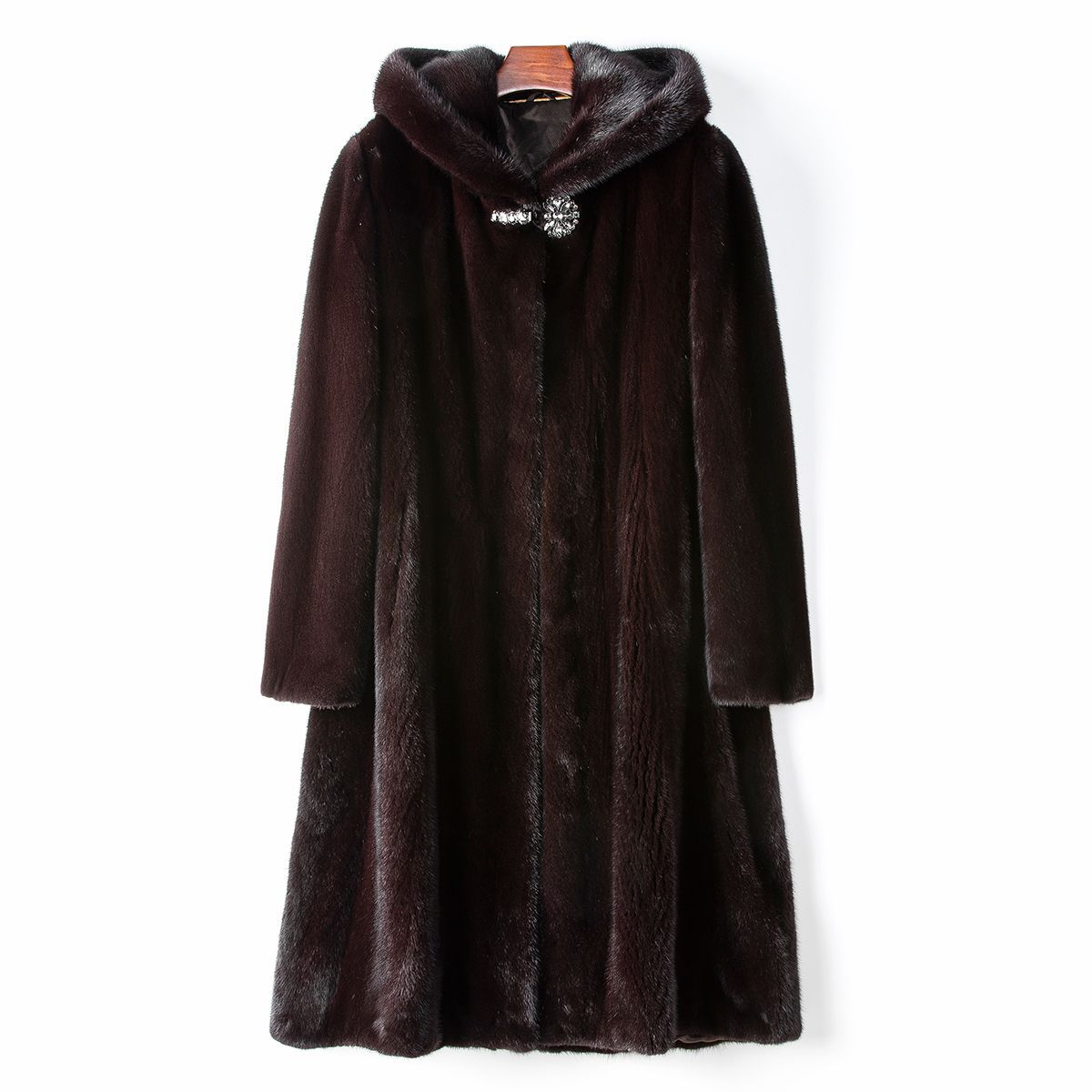 少量服饰100%水貂毛2024海宁春季新品连帽长款整貂裘皮皮草外套女