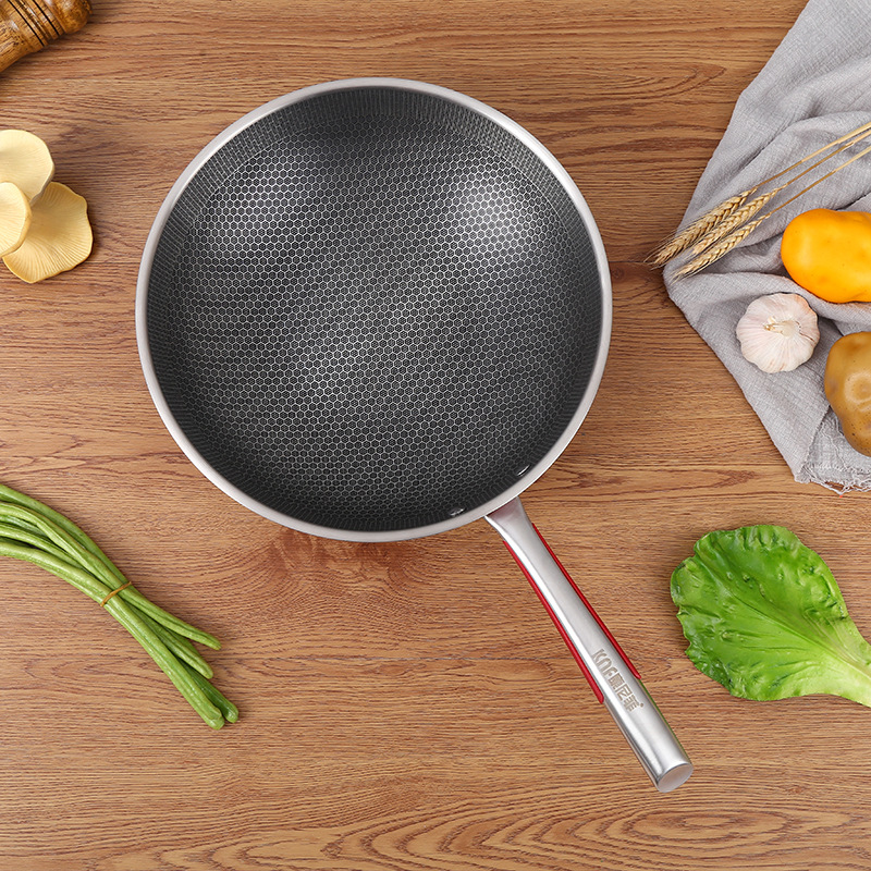 康尼菲不锈钢炒锅微油烟单面蜂窝不粘锅带蒸笼电磁煤气通用炒菜锅