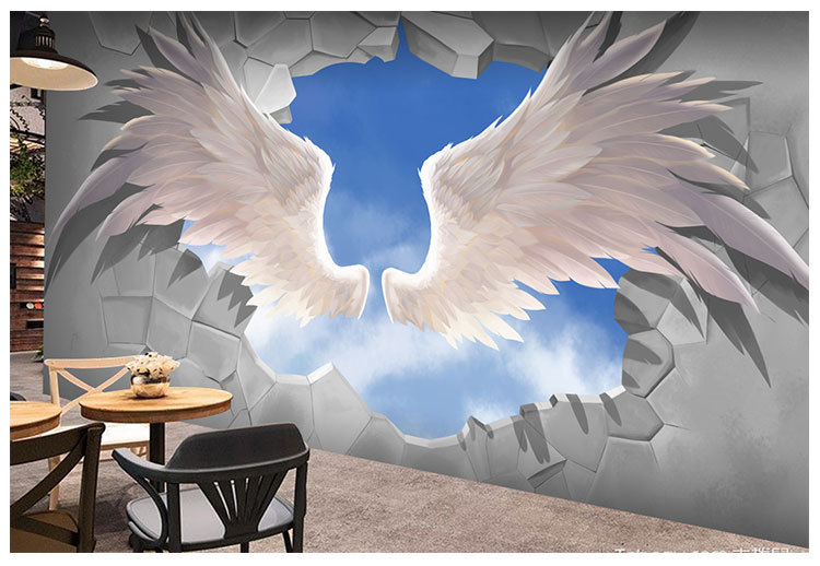 餐厅酒吧ktv破墙壁纸壁画3d立体天使翅膀工业风涂鸦背景墙纸手绘
