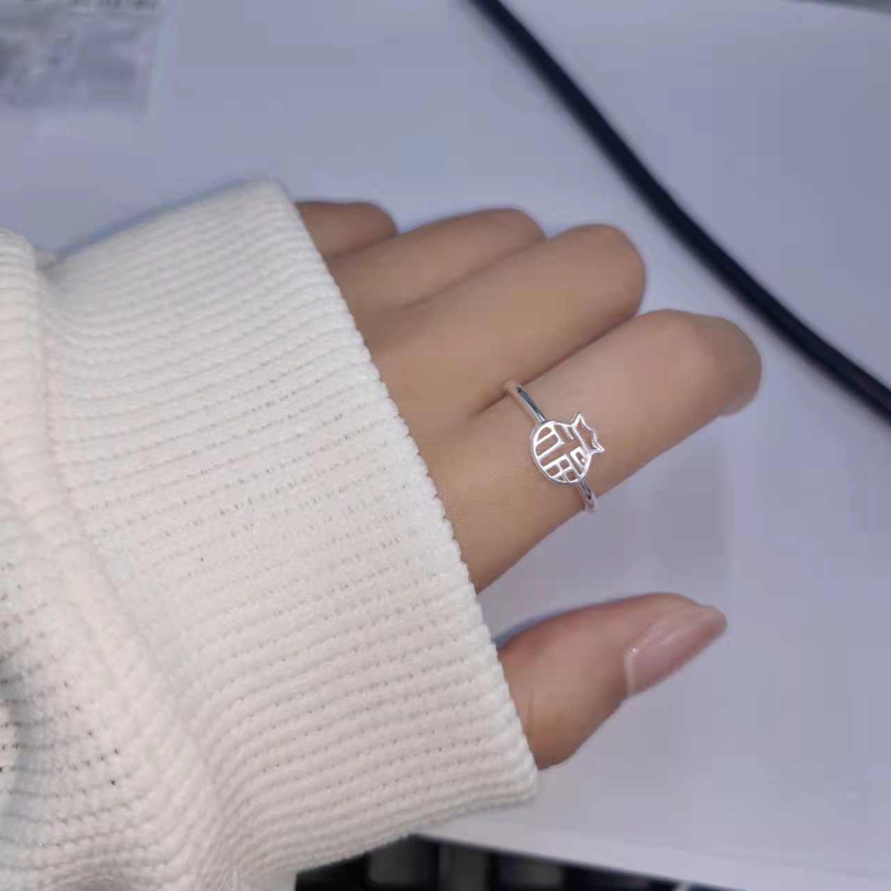 s990 pure silver lucky bag blessing card ring female new special-interest design high sense switchable index finger ring