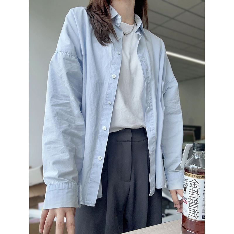 蓝色防晒长袖衬衫外套女夏天小个子衬衣女款含棉开衫上衣夏季外搭