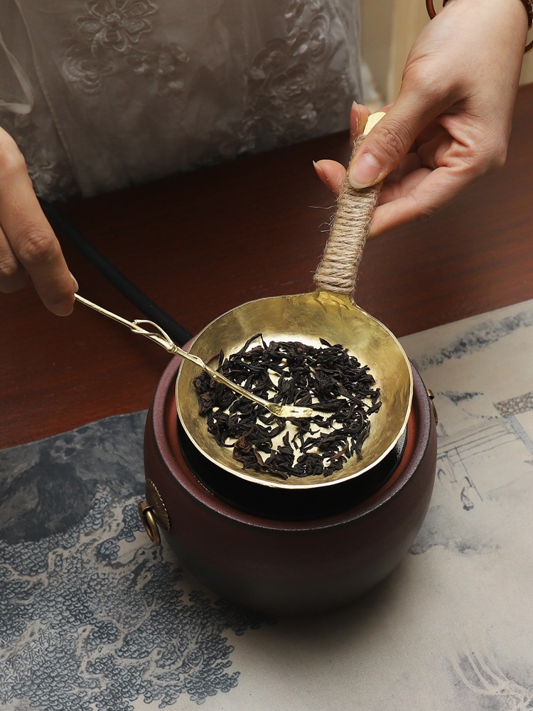 纯铜烤茶器手工造平底茶叶提香陈茶烘培烤茶勺器醒茶器电陶炉可用