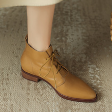 系带马丁靴2023秋季新款女靴平底内增高时装靴粗跟中跟短靴小皮靴
