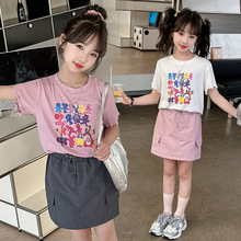 小女孩短袖T恤2024装新款夏季韩卡通印花上衣女宝宝工装裙套装