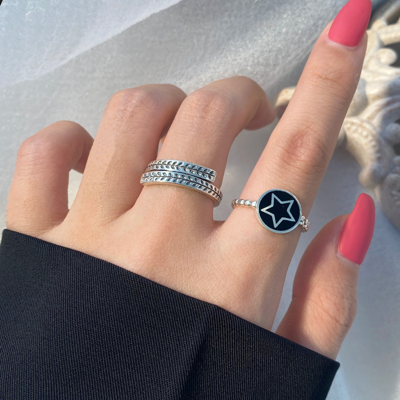 韩版925纯银滴胶五角星开口食指戒指女ins潮泰银个性复古时尚指环
