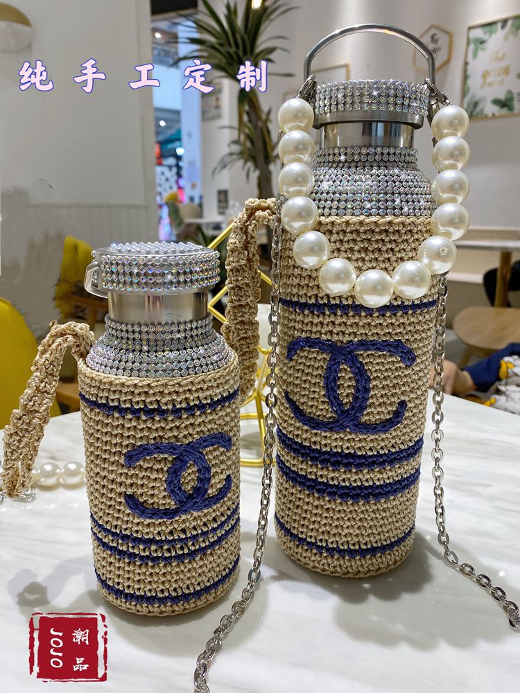 网红闪钻针织diy保温杯大容量学生斜跨水杯珍珠手提夏天保冷杯