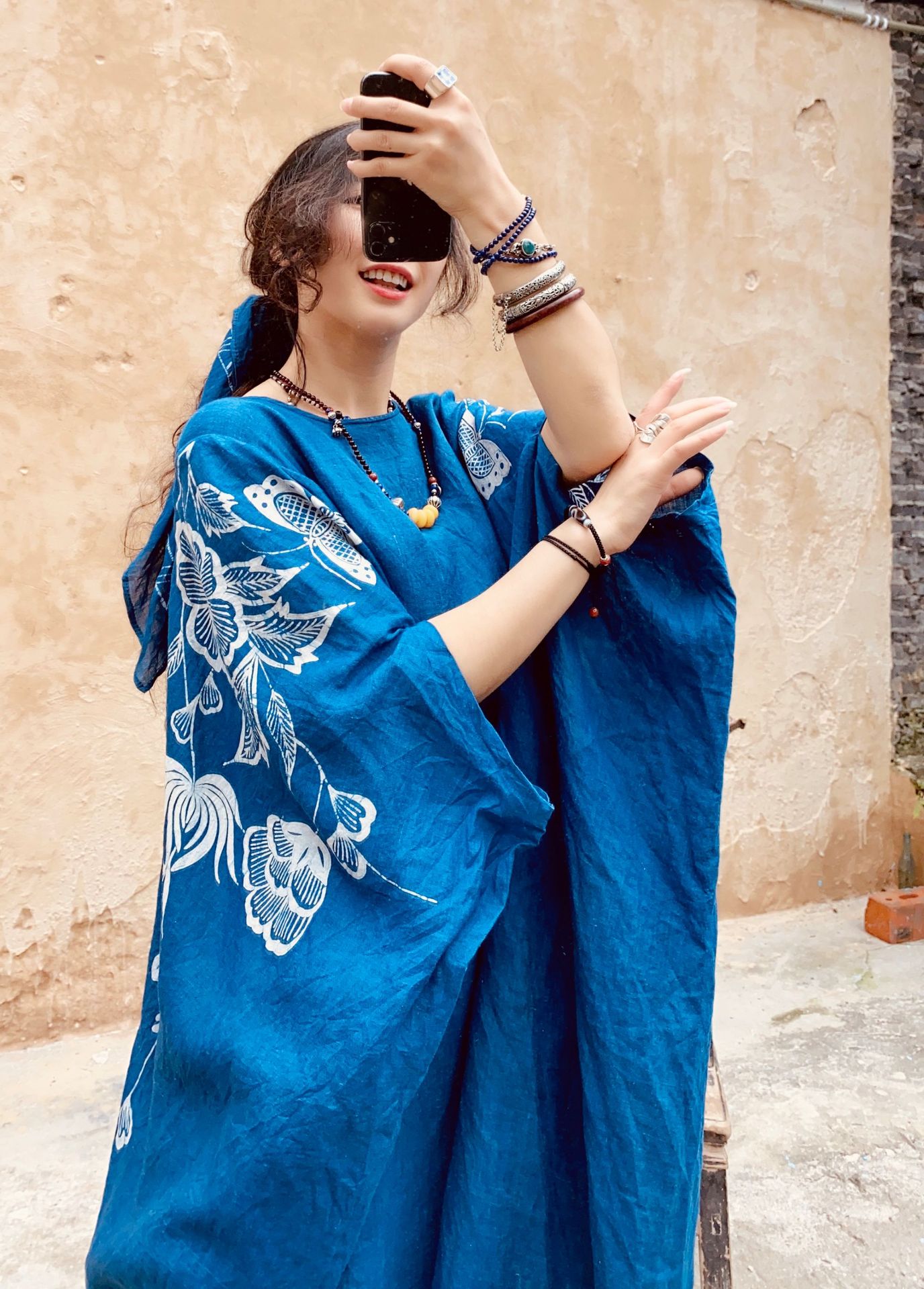 喜阁蜡染衣服连衣裙植物染色扎染裙子衣服复古民族风袍子