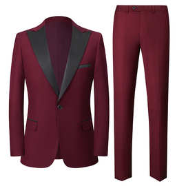 酒红色西服套装男士主持人新郎伴郎修身礼服舞台合唱美声影楼西装