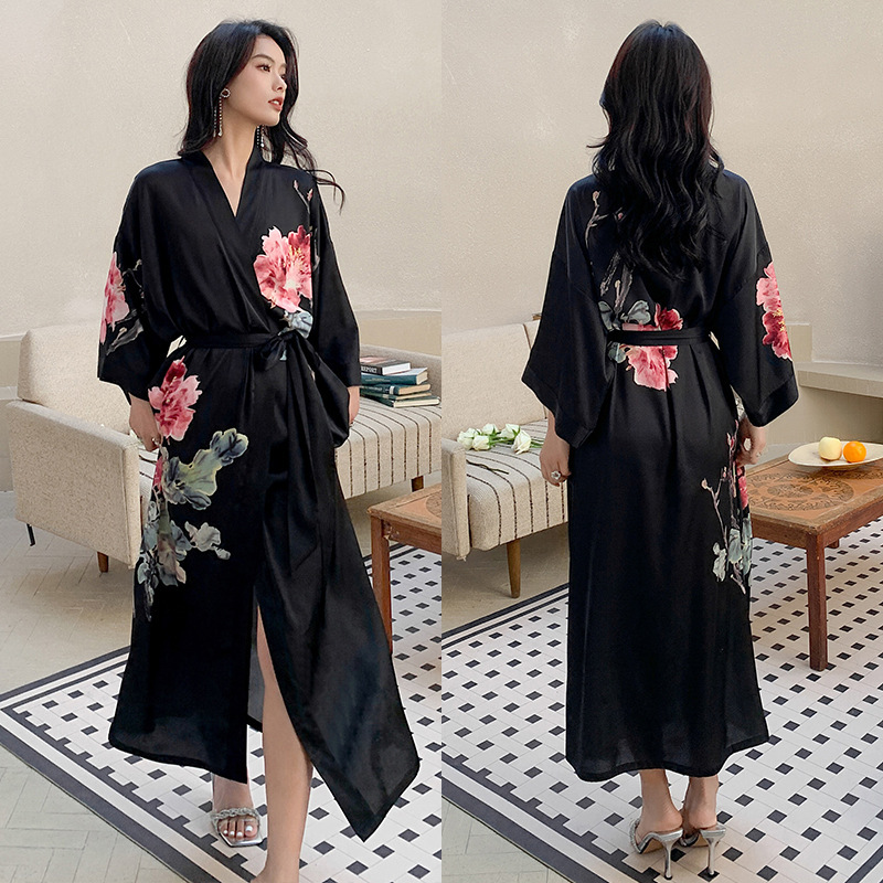 Yao Ting New Nightgown Women's Spring and Summer Thin Ice Silk Satin Elegant National Style Luxury Lace-up Morning Gowns Homewear 2669