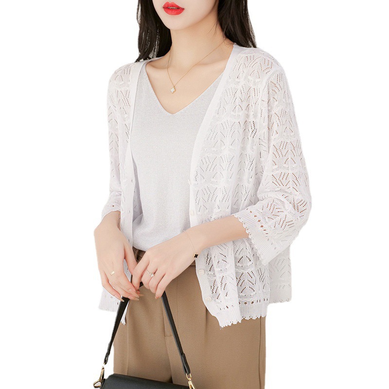 2023 Summer New Women's Fashion Thin Hollow Knitted Cardigan Female Short Temperamental Loose Air-Conditioner Sunscreen Shirt