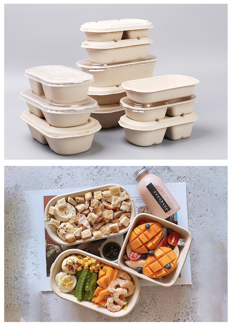 可降解环保餐盒外卖纸浆甘蔗渣饭盒批发一次性餐盒单双格沙拉盒