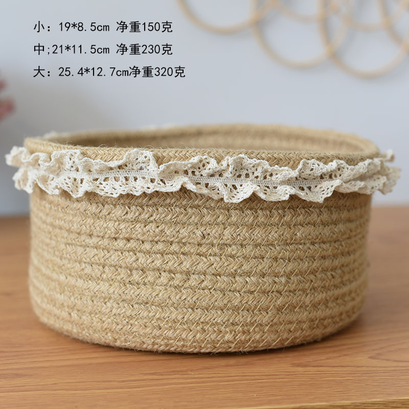 Cotton and Hemp Rope Flower Basket Storage Basket Snack Basket Household Basket Storage Box Portable Lace round Cross-Border Sundries Basket