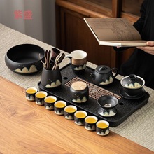 黑陶功夫茶具套装粗陶日式家用办公茶盘茶具黑禅风盖碗茶壶茶杯