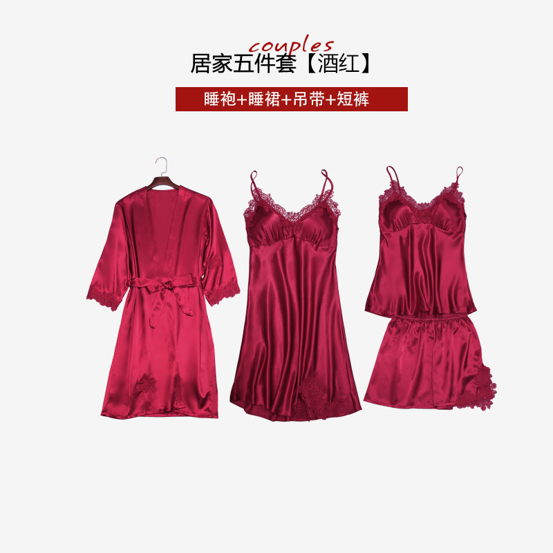 Women's Autumn Winter Summer Sexy Artificial Silk Pajamas Five-Piece Sling with Chest Pad for Hair Generation Women Homewear Night-Robe