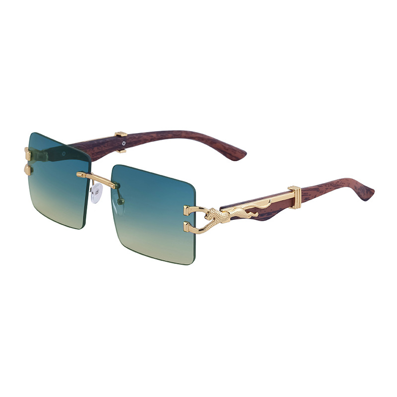 Retro Rimless Sunglasses Men's Personalized Leopard Wood Grain Glasses Leg Square Frame Sunglasses Women's Fashion Cross-Border Wholesale Shades