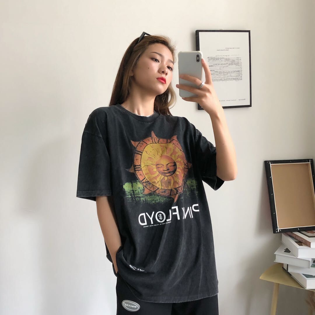 pink floyd太阳神水洗复古做旧t恤vintage宽松贾斯丁比伯同款短袖