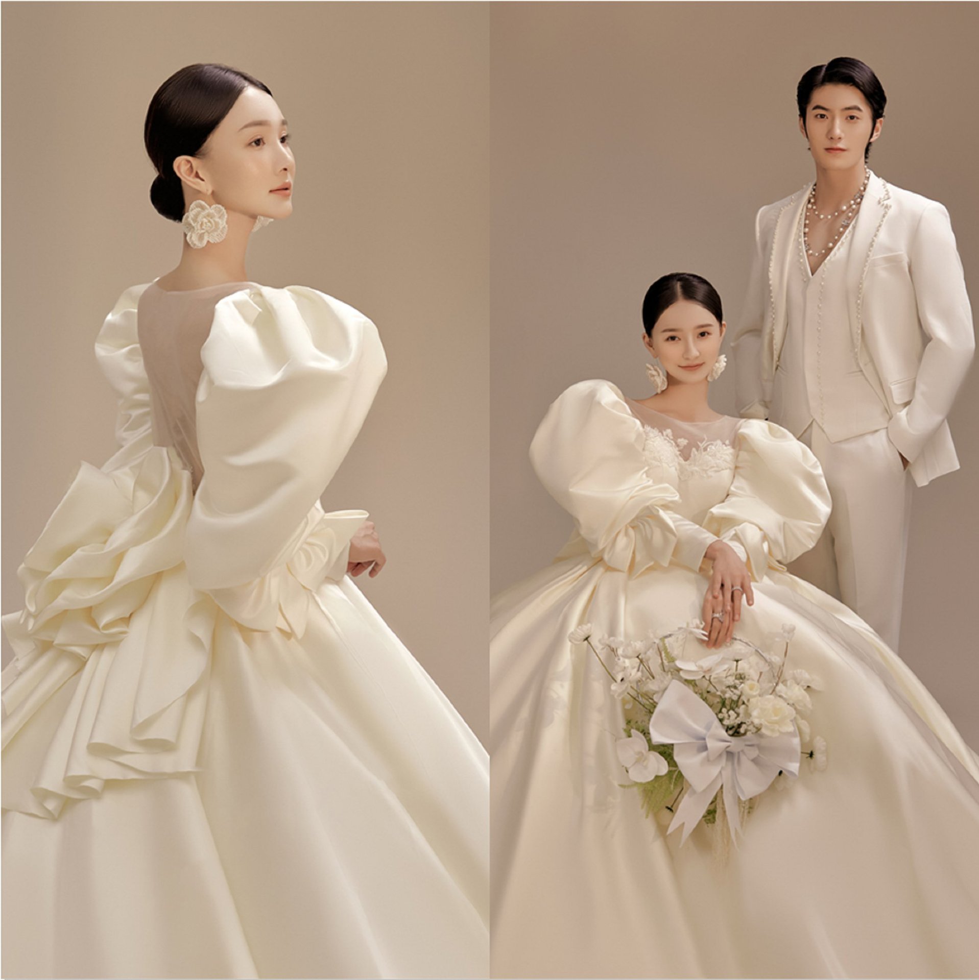 0成交2套新款影楼主题服装旅拍深v领婚纱摄影情侣拍照泡泡长袖缎