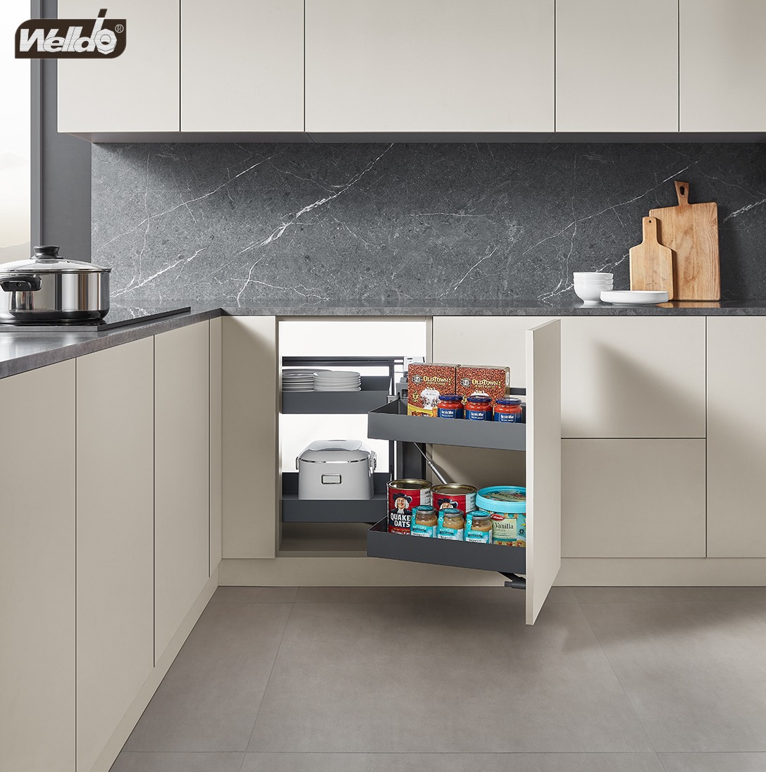 welldo/纬东 橱柜转角拉篮小怪物拉篮四篮联动旋转厨房收纳拉篮