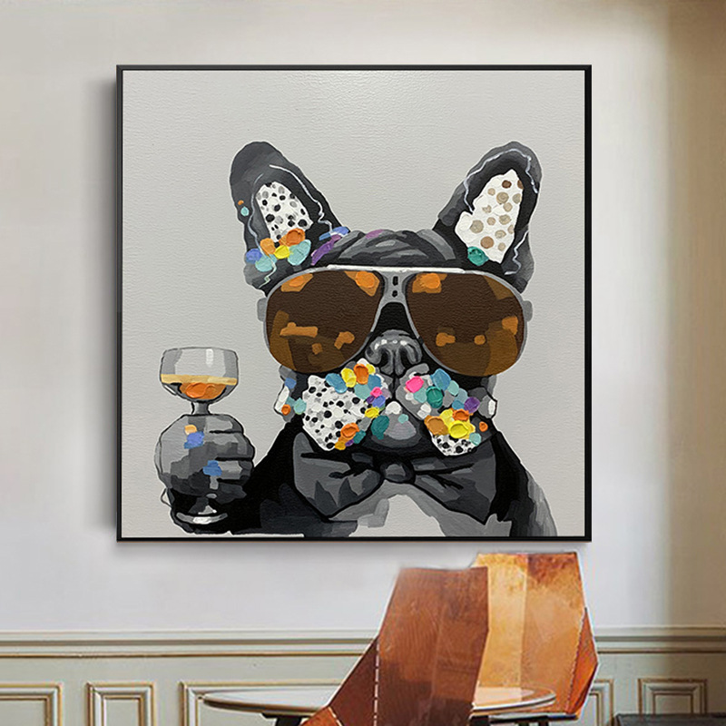 纯手绘油画动物生肖挂画可爱狗装饰画儿童房卧室壁画竖版手工