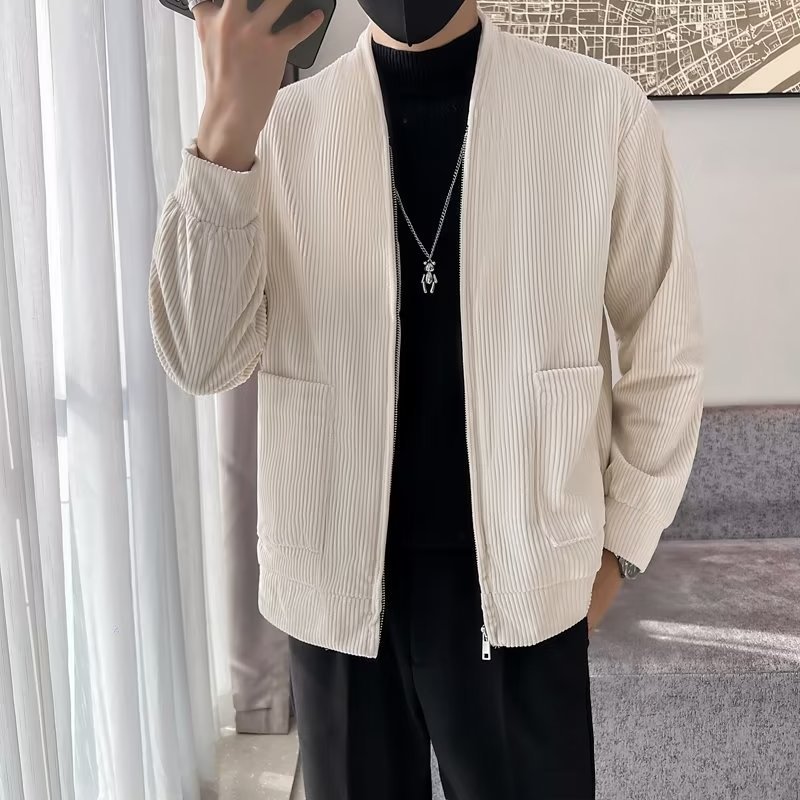 2022秋季男士灯芯绒和尚领宽松夹克潮流慵懒纯色搭配休闲开衫外套