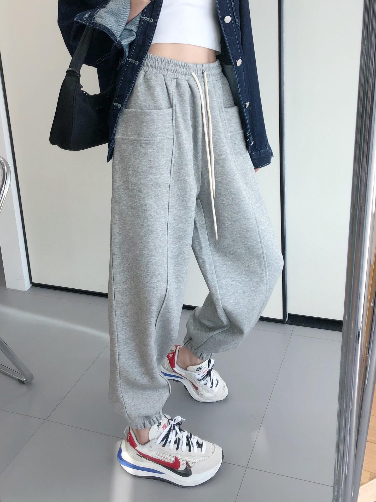 张贝贝同款春季新款慵懒兜兜裤休闲高腰束脚裤宽松显瘦百搭裤子