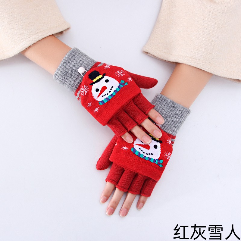 Christmas Gloves for Women Winter Half Finger Flip Cold-Proof Thermal Knitting Wool Cute Cartoon Open Finger Students Wholesale