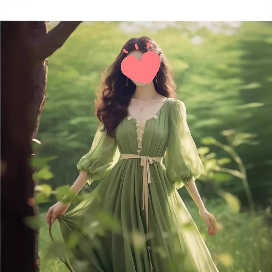 法式小香风绿色连衣裙子春装女在逃公主古着vintage长裙9087-阿里巴巴