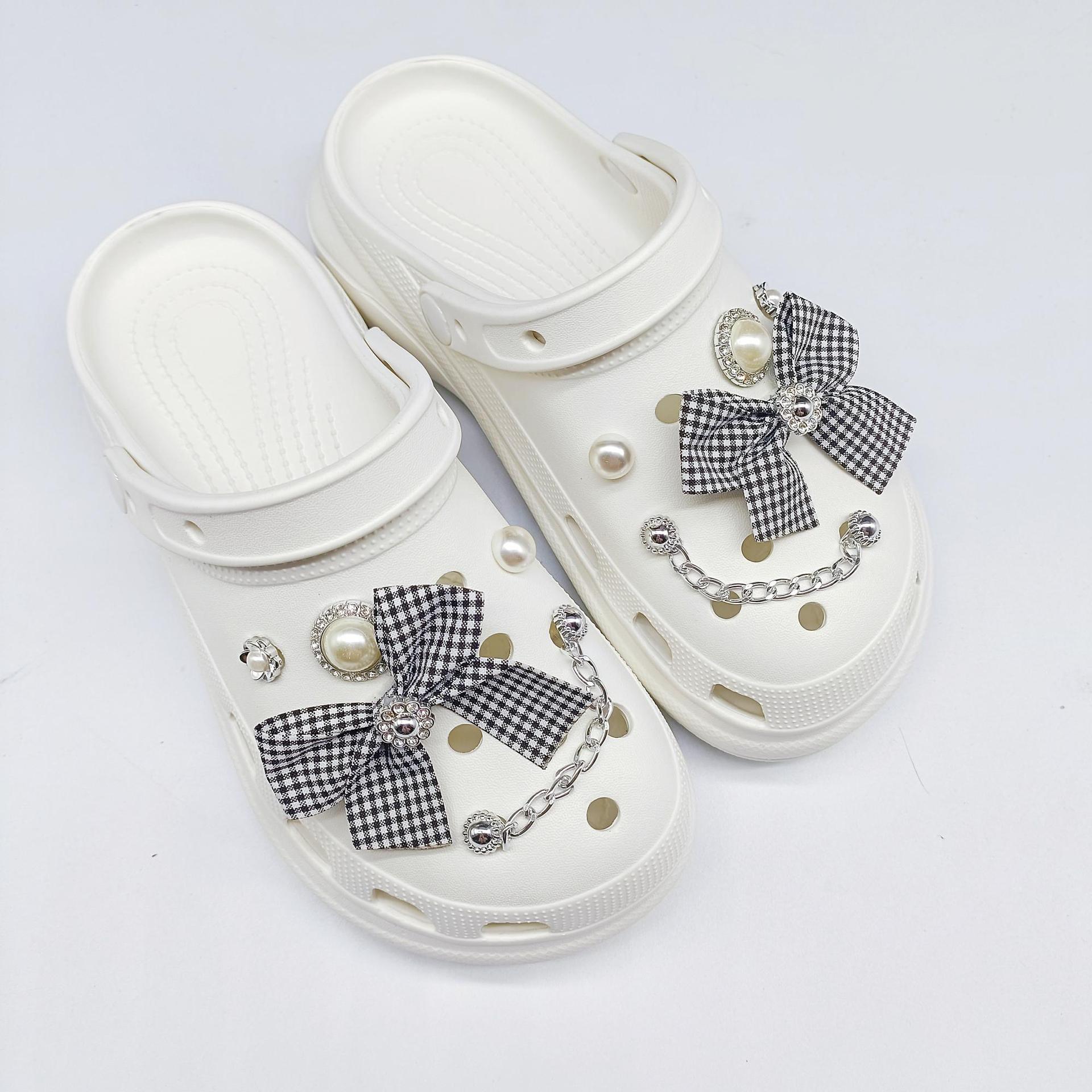 Cross-Border New Arrival Fit Hole Shoes DIY Accessories Fresh Plaid Bow-Shaped Shoe Buckle Eva Sandals Ornament Accessories